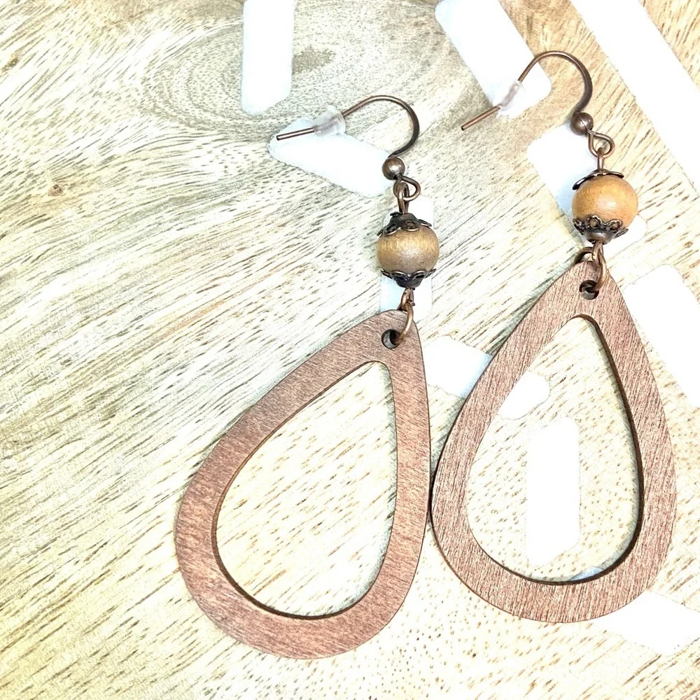 Boho natural Wood and copper hallowed out wooden tear drop water drop earrings
